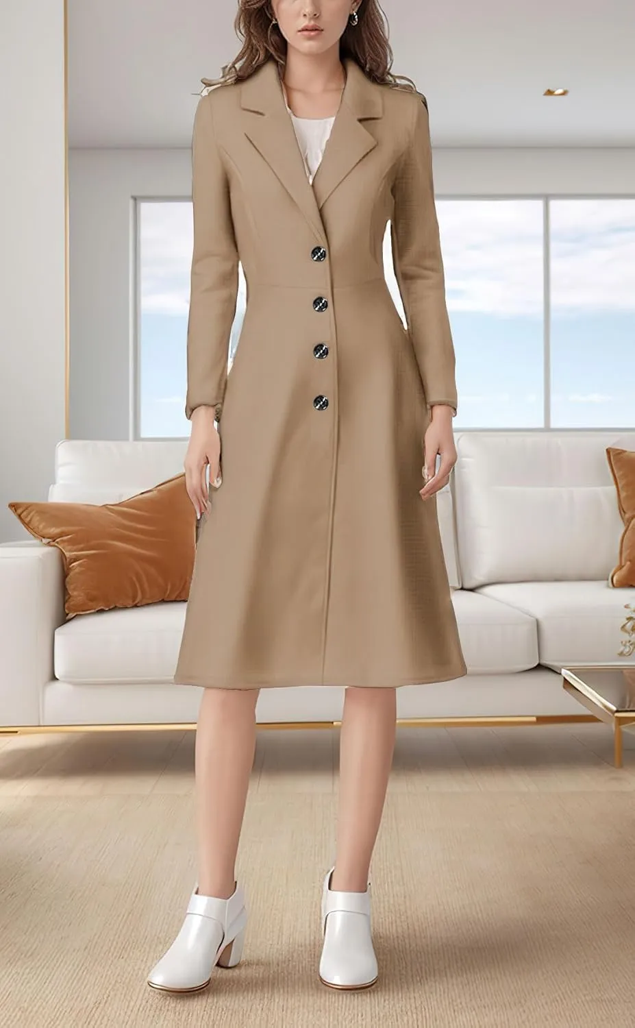 chouyatou Women's Elegant Button Down Winter Wool Coat Fit and Flare Long Dressy Trench Coat