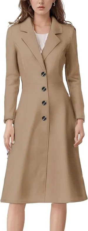 chouyatou Women's Elegant Button Down Winter Wool Coat Fit and Flare Long Dressy Trench Coat
