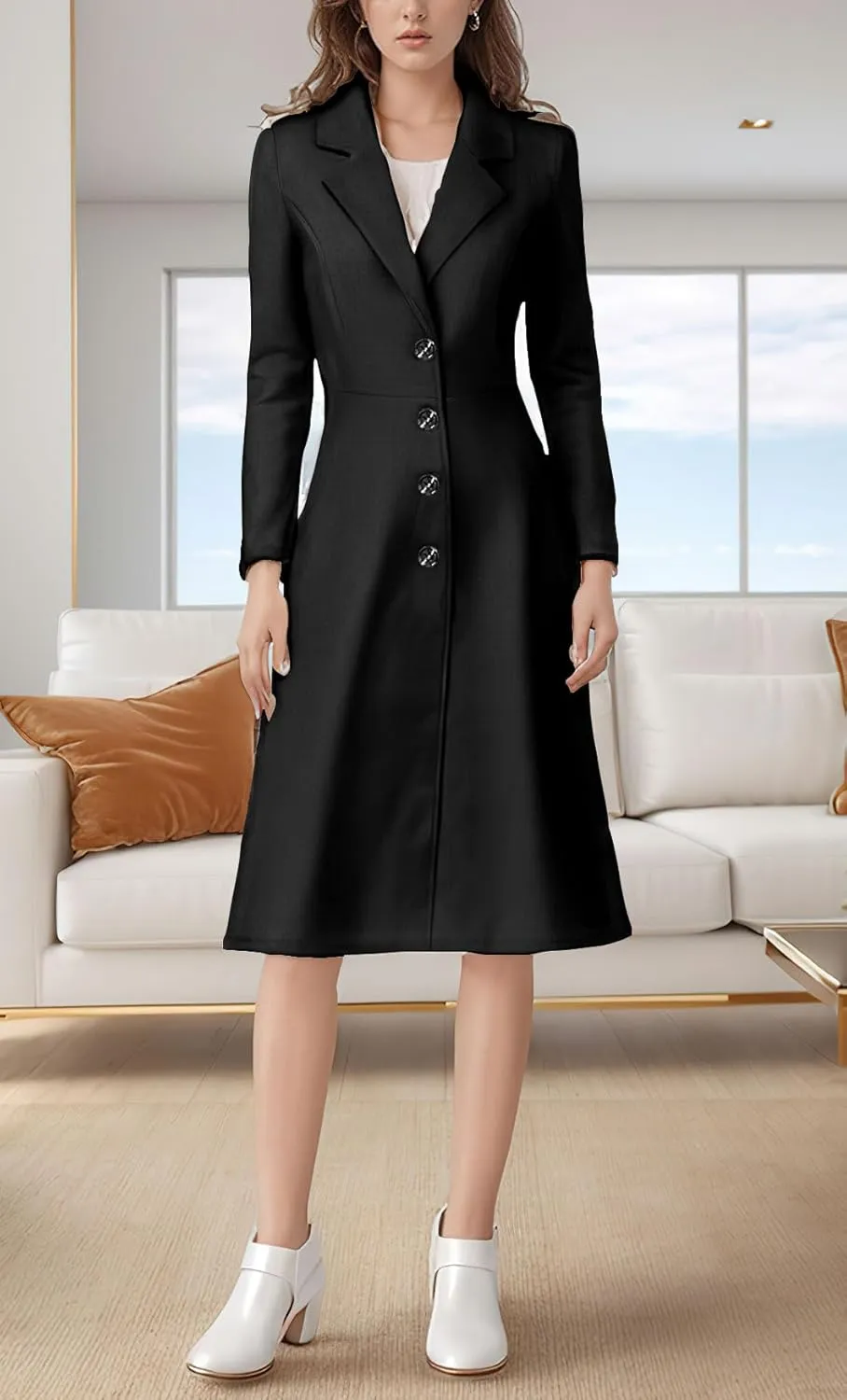 chouyatou Women's Elegant Button Down Winter Wool Coat Fit and Flare Long Dressy Trench Coat