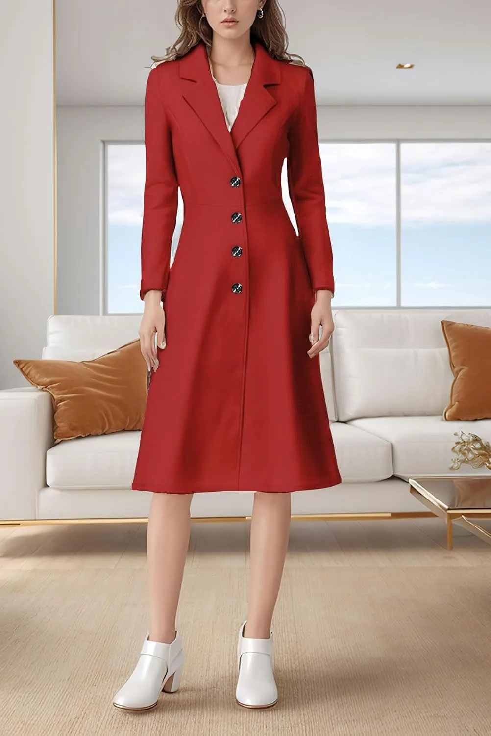 chouyatou Women's Elegant Button Down Winter Wool Coat Fit and Flare Long Dressy Trench Coat