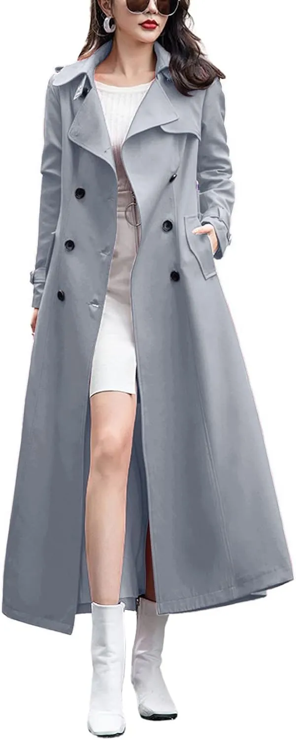 chouyatou Women's Fall Dressy Office Double Breasted Maxi Long Trench Coat Overcoat