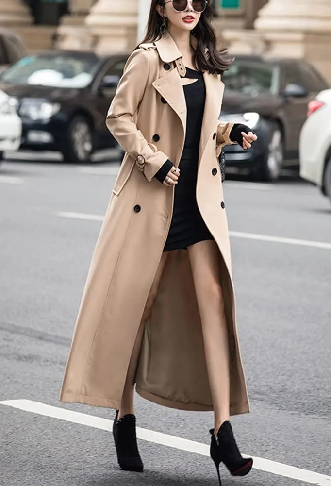chouyatou Women's Fall Dressy Office Double Breasted Maxi Long Trench Coat Overcoat