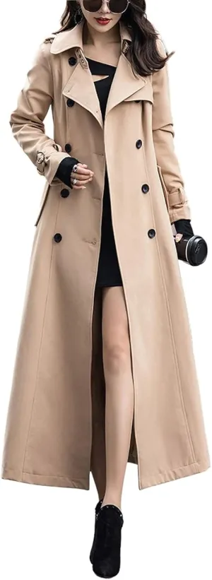 chouyatou Women's Fall Dressy Office Double Breasted Maxi Long Trench Coat Overcoat