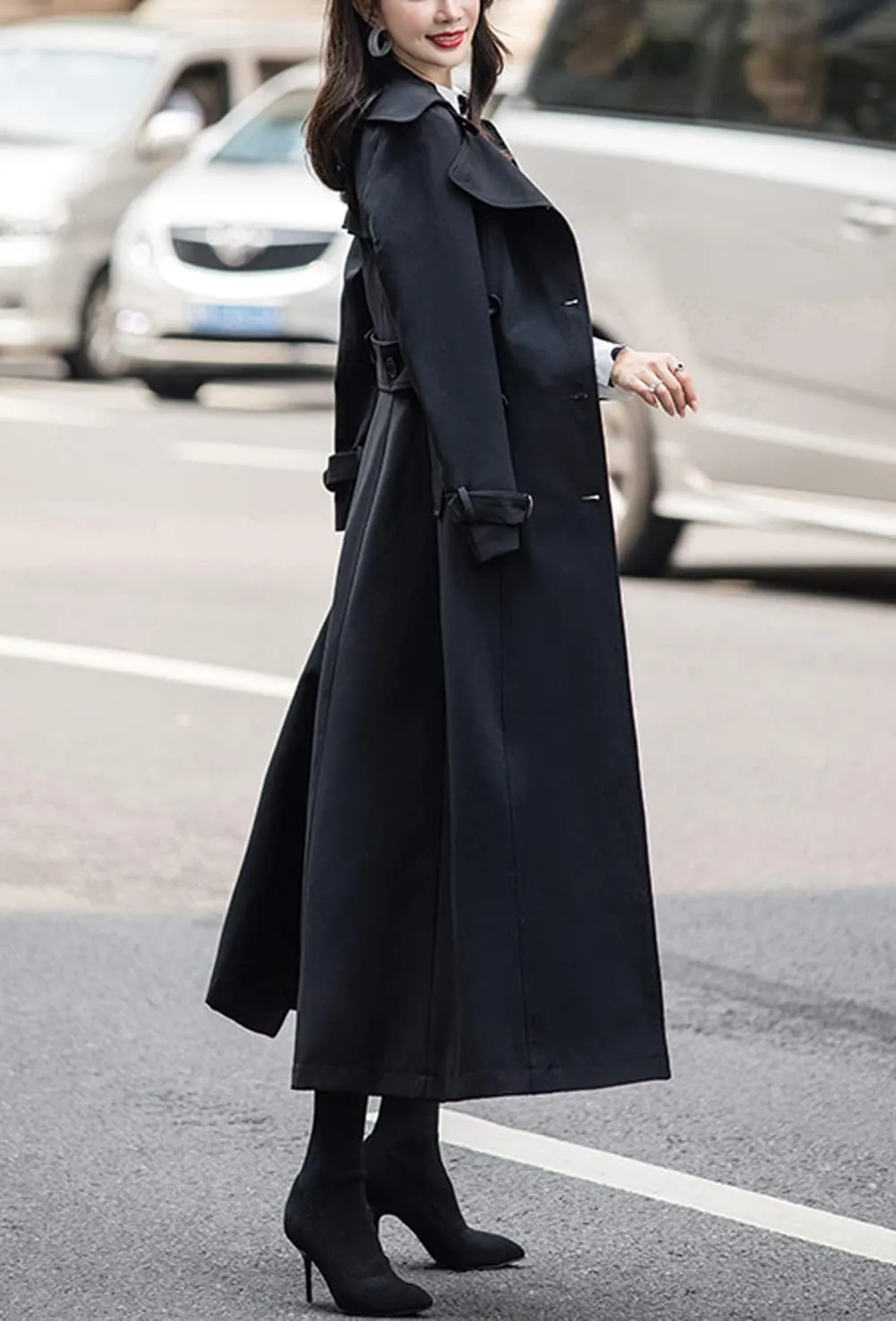 chouyatou Women's Fall Dressy Office Double Breasted Maxi Long Trench Coat Overcoat
