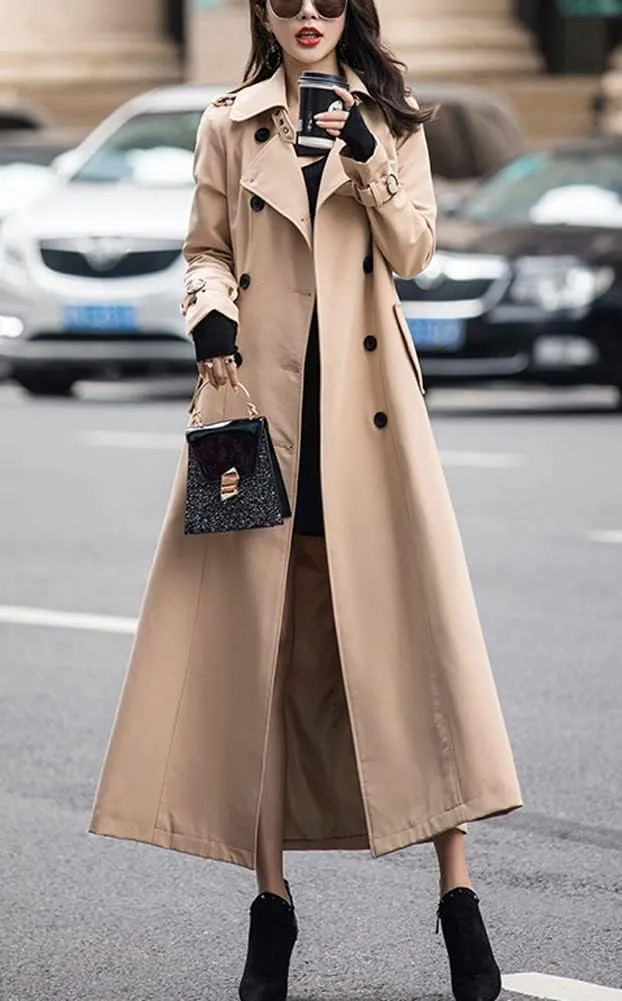 chouyatou Women's Fall Dressy Office Double Breasted Maxi Long Trench Coat Overcoat