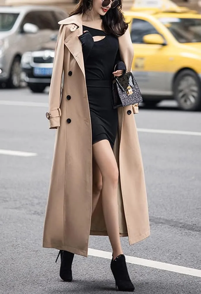 chouyatou Women's Fall Dressy Office Double Breasted Maxi Long Trench Coat Overcoat