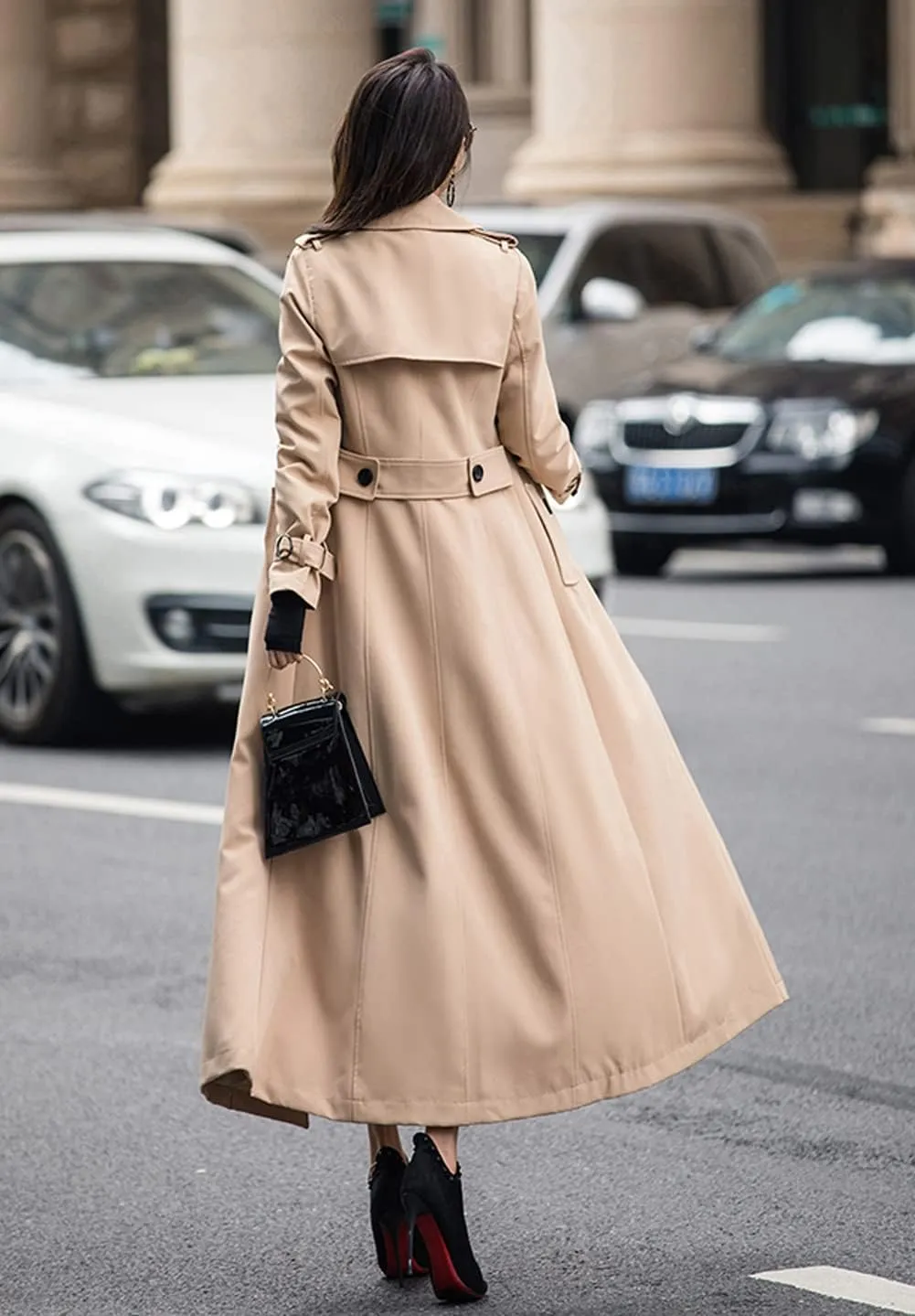 chouyatou Women's Fall Dressy Office Double Breasted Maxi Long Trench Coat Overcoat