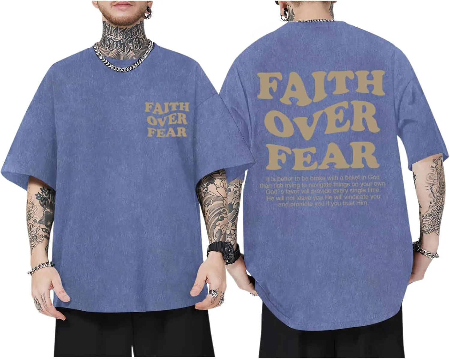 Christian Shirts for Men Faith Over Fear Oversized Shirt Acid Wash Tshirt Graphic Religious T Shirt Bible Verse Tees