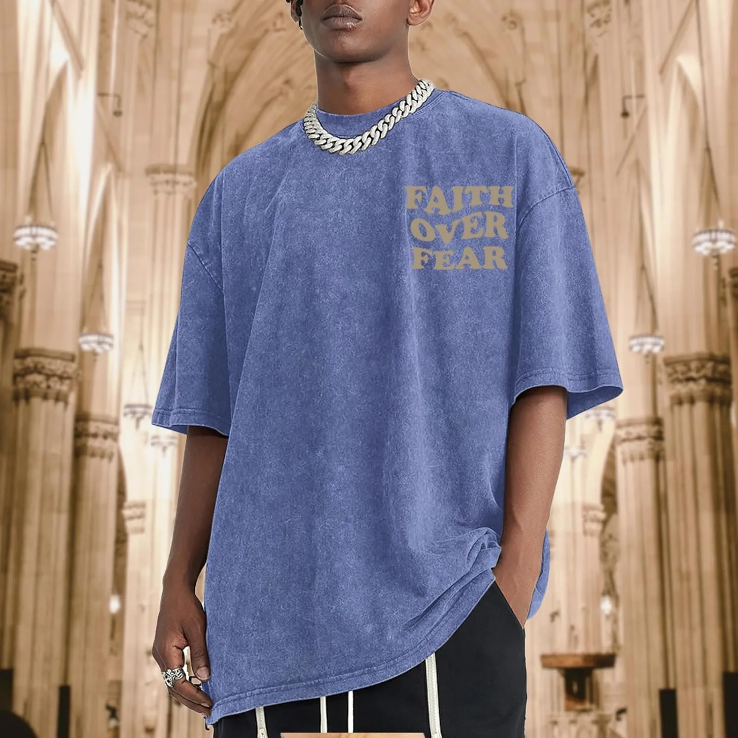 Christian Shirts for Men Faith Over Fear Oversized Shirt Acid Wash Tshirt Graphic Religious T Shirt Bible Verse Tees