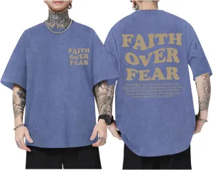 Christian Shirts for Men Faith Over Fear Oversized Shirt Acid Wash Tshirt Graphic Religious T Shirt Bible Verse Tees