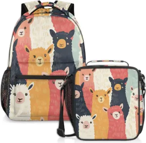 Colorful Alpaca Lunch Backpack Animals Llama Laptop Backpacks Set with Insulated Cooler Lunch Box Leak Proof Lunch Bag for Women Men Work Camping Travel Daypack