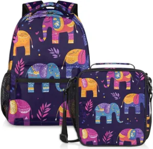 Colorful Elephant Lunch Backpack Floral Leaves Laptop Backpacks Set with Insulated Cooler Lunch Box Leak Proof Lunch Bag for Women Men Work Camping Travel Daypack