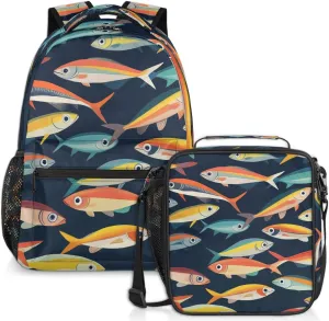 Colorful Fish Lunch Backpack Ocean Animals Laptop Backpacks Set with Insulated Cooler Lunch Box Leak Proof Lunch Bag for Women Men Work Camping Travel Daypack