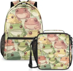 Colorful Frogs Lunch Backpack Cute Animals Laptop Backpacks Set with Insulated Cooler Lunch Box Leak Proof Lunch Bag for Women Men Work Camping Travel Daypack