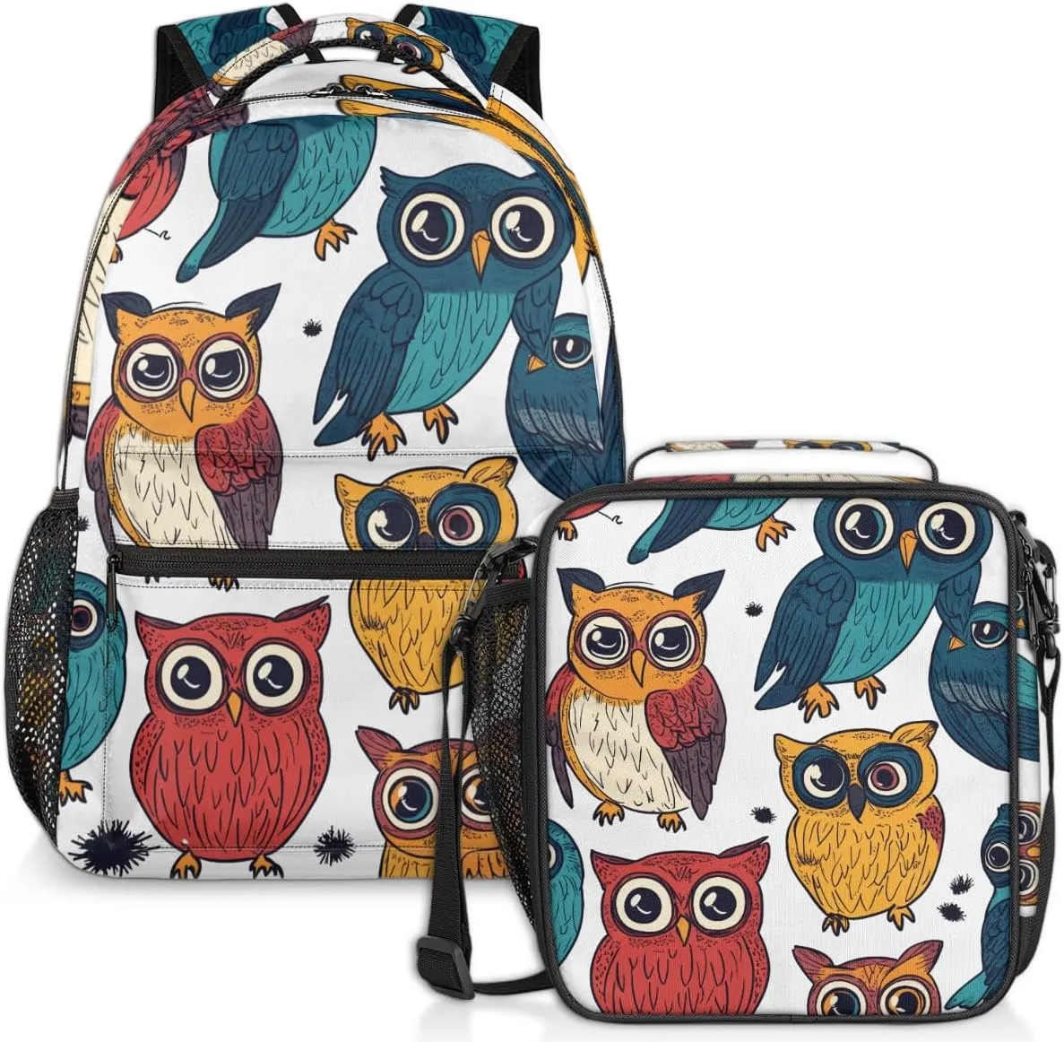 Colorful Owls Lunch Backpack Boho Birds Laptop Backpacks Set with Insulated Cooler Lunch Box Leak Proof Lunch Bag for Women Men Work Camping Travel Daypack