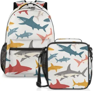 Colorful Shark Lunch Backpack Sea Fish Laptop Backpacks Set with Insulated Cooler Lunch Box Leak Proof Lunch Bag for Women Men Work Camping Travel Daypack