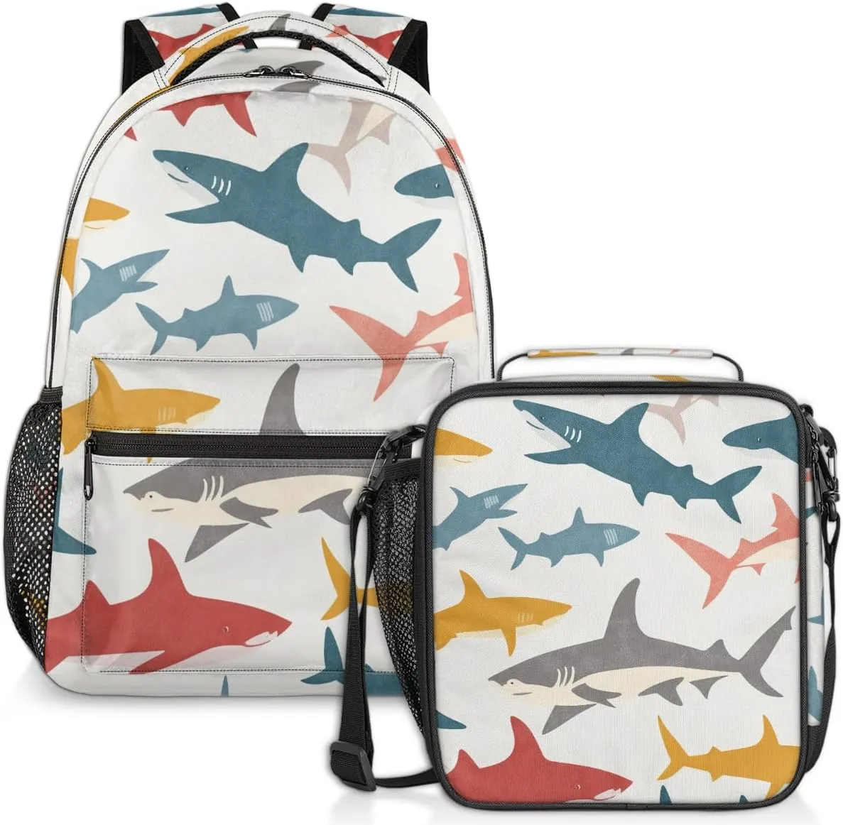 Colorful Shark Lunch Backpack Sea Fish Laptop Backpacks Set with Insulated Cooler Lunch Box Leak Proof Lunch Bag for Women Men Work Camping Travel Daypack