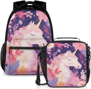 Colorful Unicorns Lunch Backpack Flowers Horse Laptop Backpacks Set with Insulated Cooler Lunch Box Leak Proof Lunch Bag for Women Men Work Camping Travel Daypack