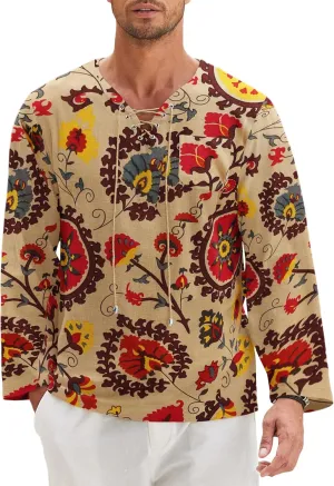 COOFANDY Mens Linen Beach Tee Shirts Cotton Hippie Shirts V Neck Long Sleeve Tunic Big and Tall Yoga Shirt