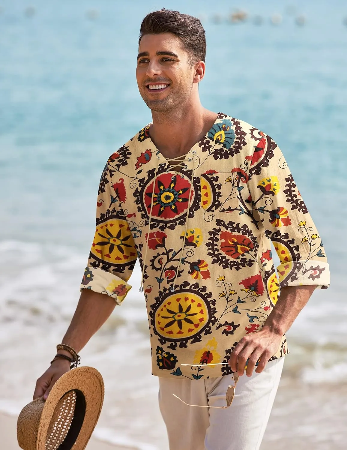 COOFANDY Mens Linen Beach Tee Shirts Cotton Hippie Shirts V Neck Long Sleeve Tunic Big and Tall Yoga Shirt