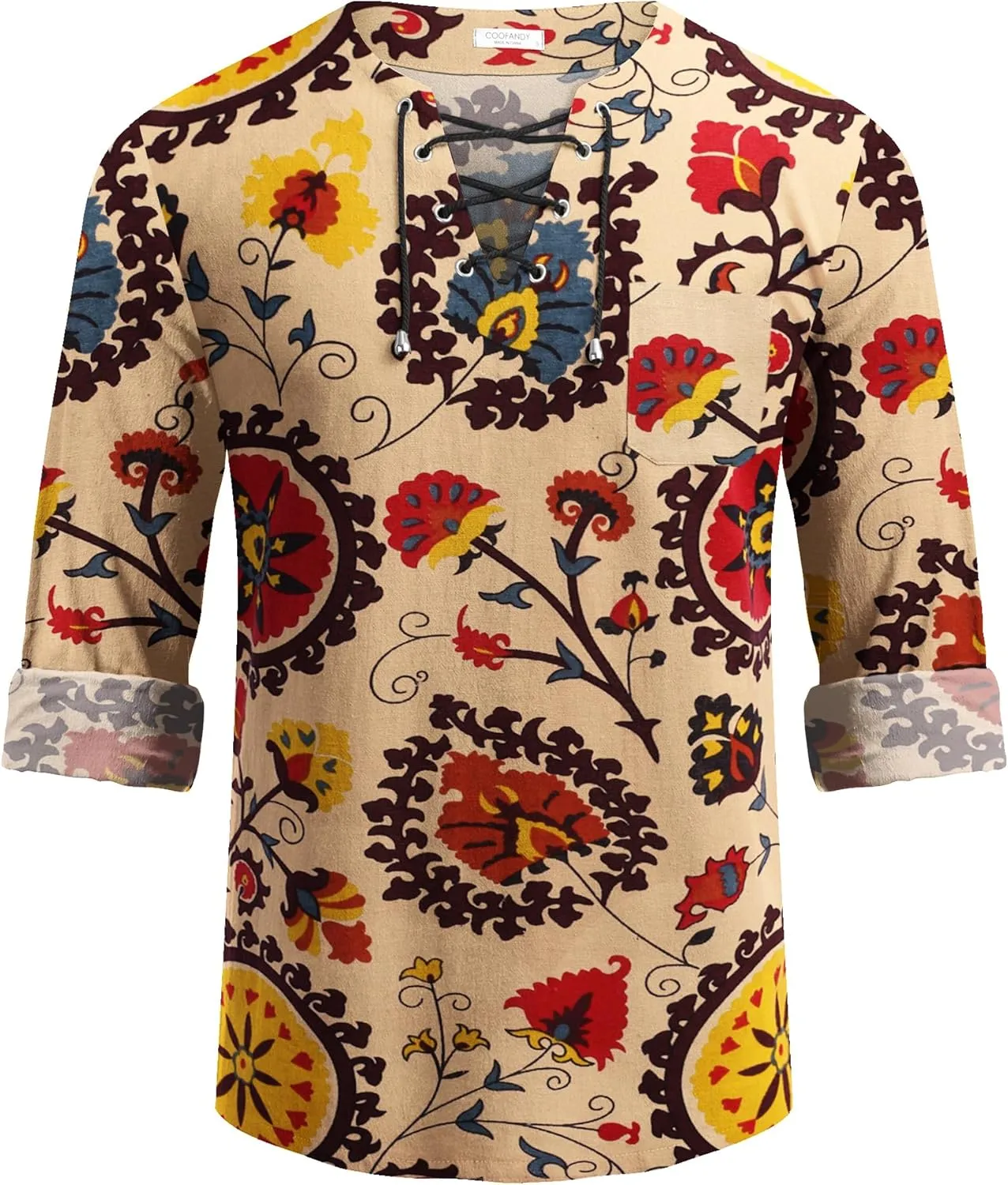 COOFANDY Mens Linen Beach Tee Shirts Cotton Hippie Shirts V Neck Long Sleeve Tunic Big and Tall Yoga Shirt