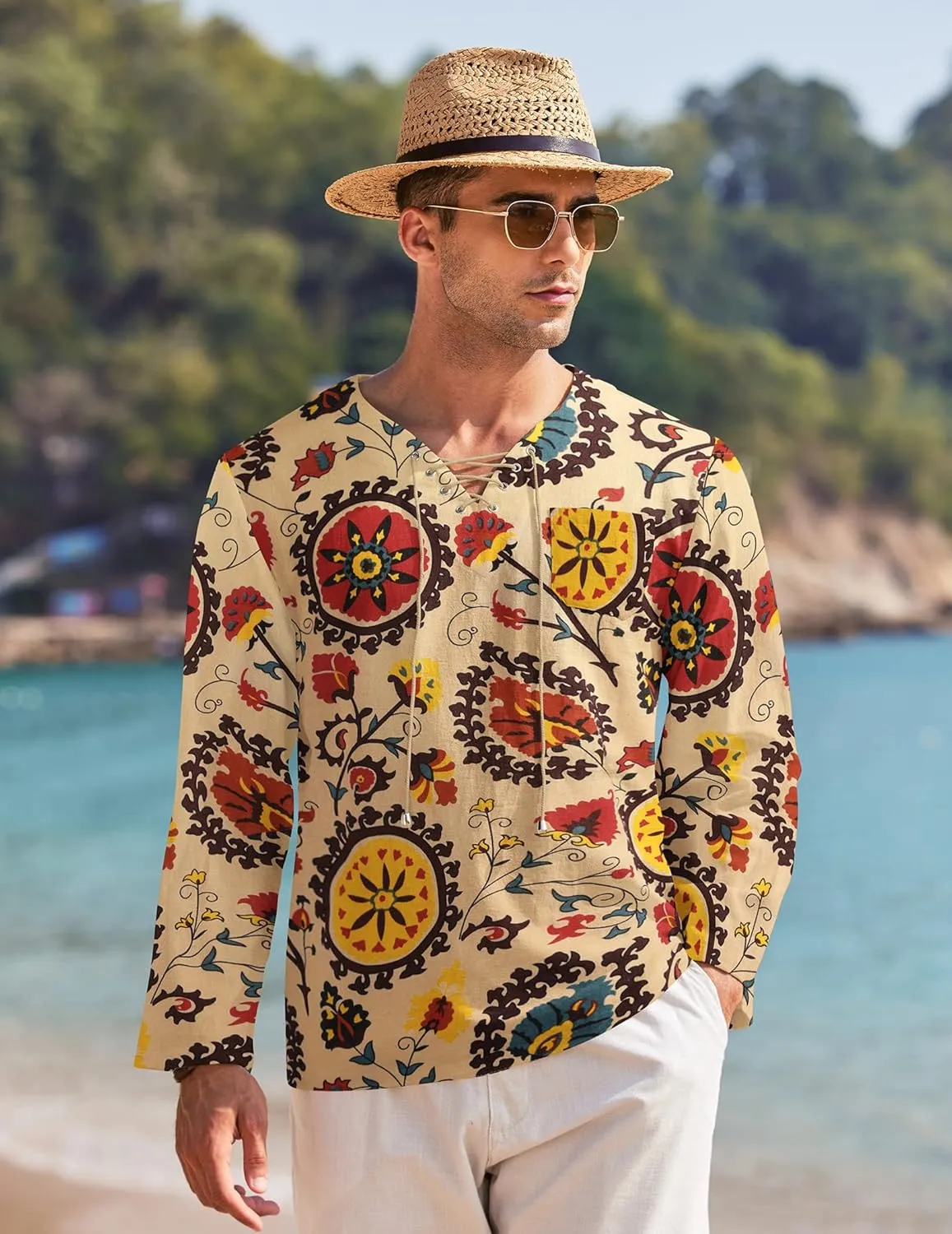 COOFANDY Mens Linen Beach Tee Shirts Cotton Hippie Shirts V Neck Long Sleeve Tunic Big and Tall Yoga Shirt