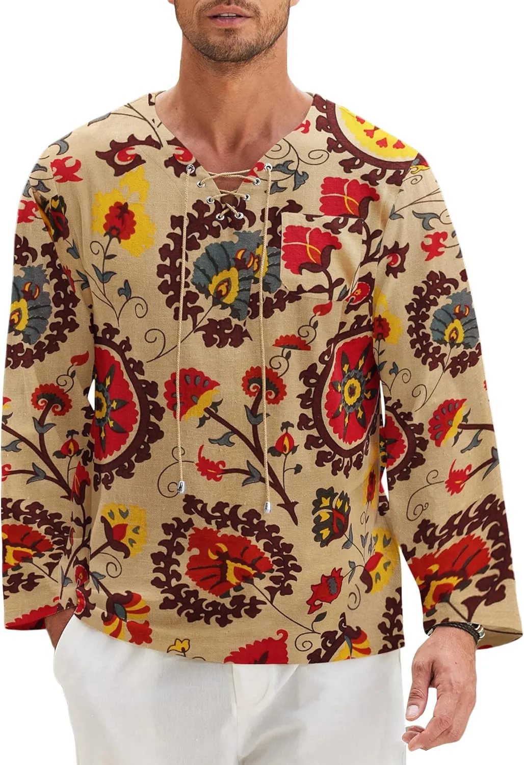 COOFANDY Mens Linen Beach Tee Shirts Cotton Hippie Shirts V Neck Long Sleeve Tunic Big and Tall Yoga Shirt