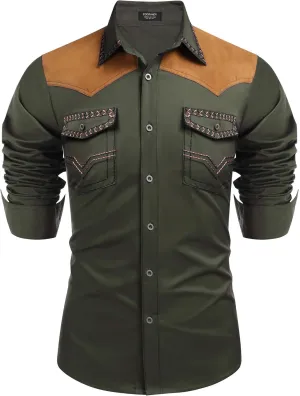COOFANDY Men's Western Cowboy Shirt Embroidered Long Sleeve Slim Fit Casual Cotton Button Down Hippie Shirts with Pockets