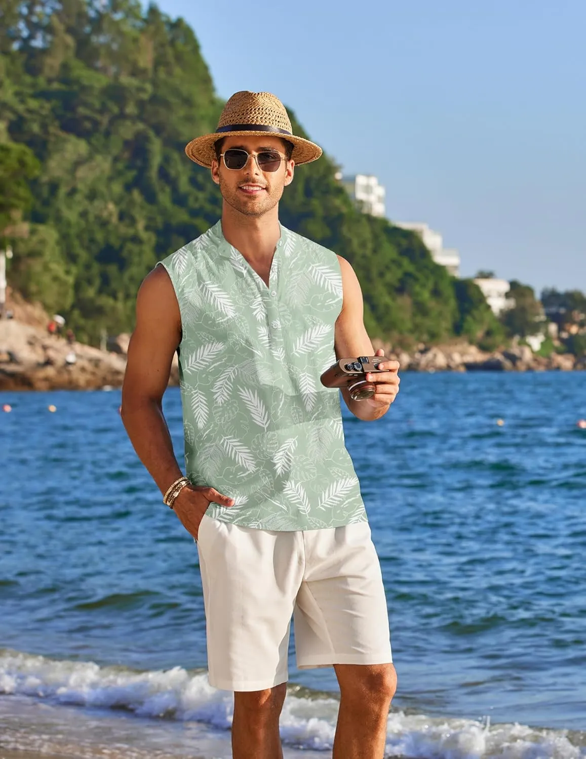 COOFANDY Sleeveless Beach Shirts for Men Summer Tank Shirts Casual Henley Tank Top