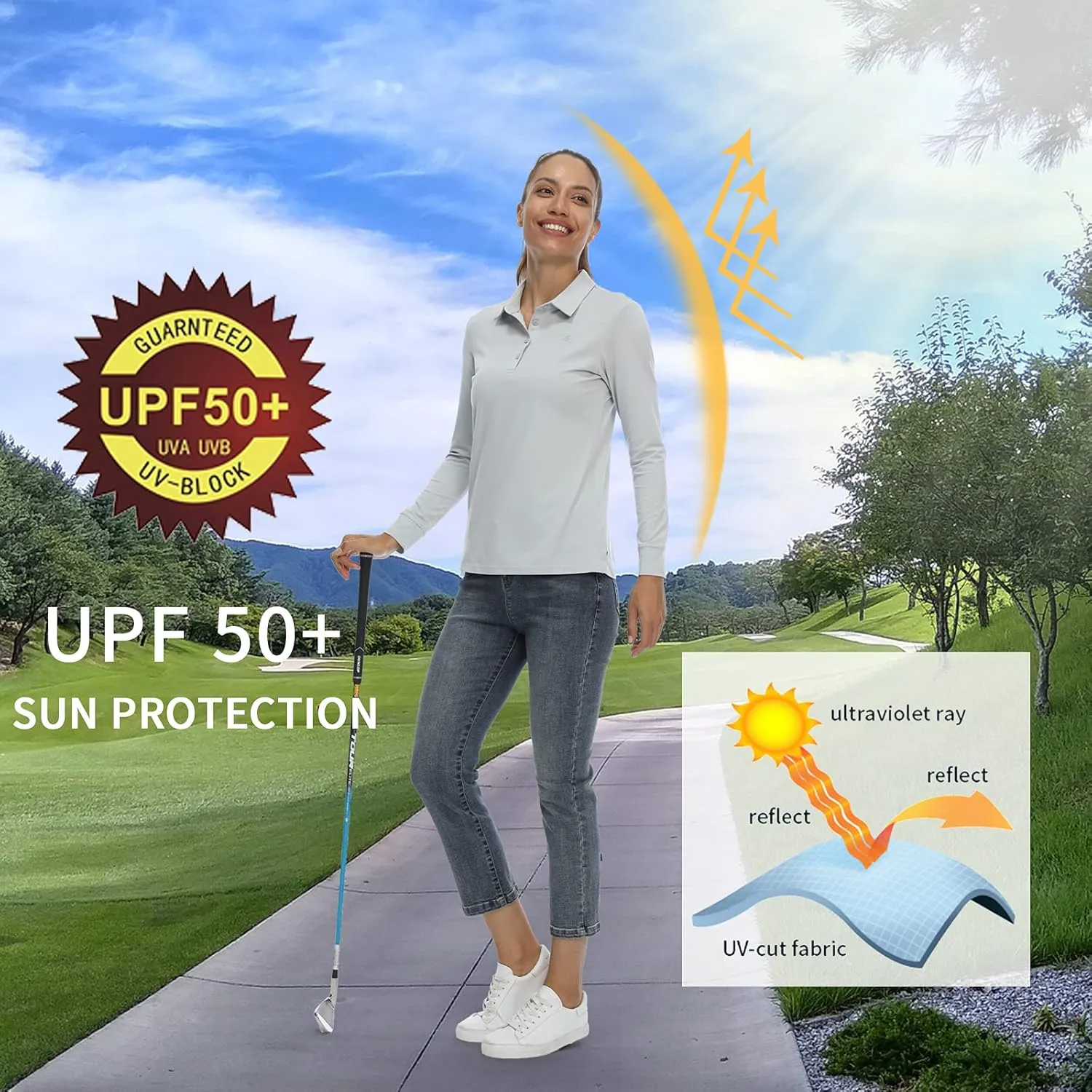 CQC Women's Golf Polo Shirts Long Sleeve Sports Athletic Shirts Tennis Tops Fitness T-Shirt UPF 50  Quick Dry