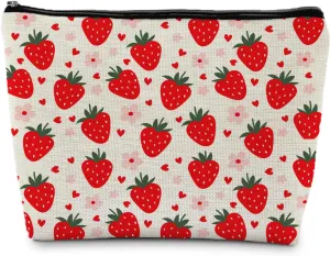 Cut Red Strawberry Makeup Bag Portable Cosmetic Bag Zipper Pouch Toiletry Bag for Purse, Strawberry Stuff Gifts for Women Girls