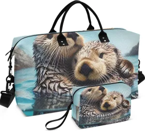 Cute Animal Otters Duffel Bags Travel Cosmetic Pouch Set of 2, Floral Womens Garment Duffel Bag Weekend Bag Duffel