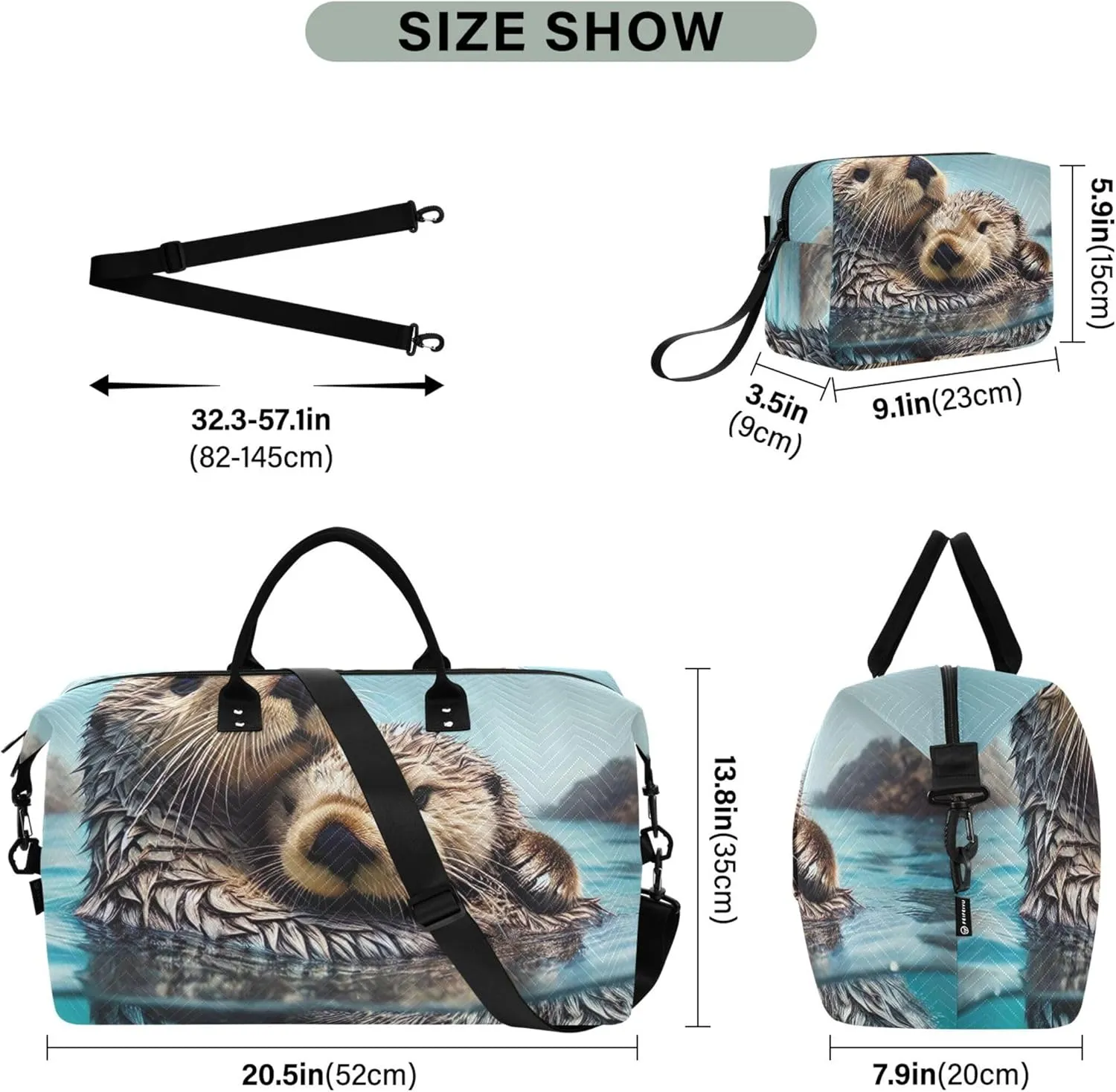 Cute Animal Otters Duffel Bags Travel Cosmetic Pouch Set of 2, Floral Womens Garment Duffel Bag Weekend Bag Duffel