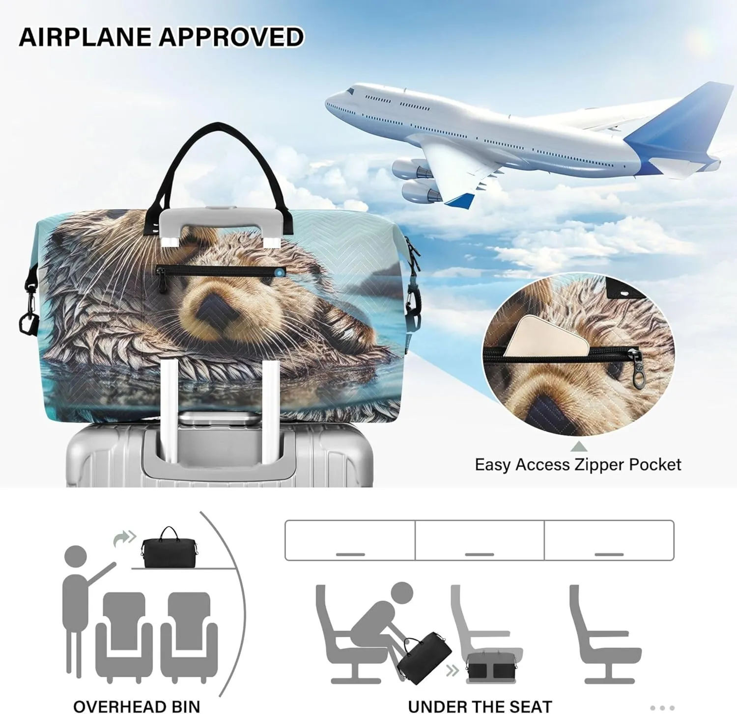 Cute Animal Otters Duffel Bags Travel Cosmetic Pouch Set of 2, Floral Womens Garment Duffel Bag Weekend Bag Duffel