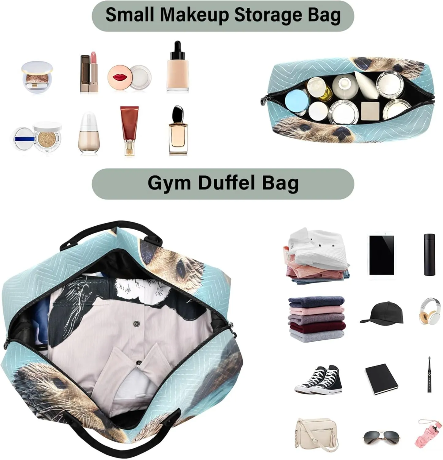 Cute Animal Otters Duffel Bags Travel Cosmetic Pouch Set of 2, Floral Womens Garment Duffel Bag Weekend Bag Duffel