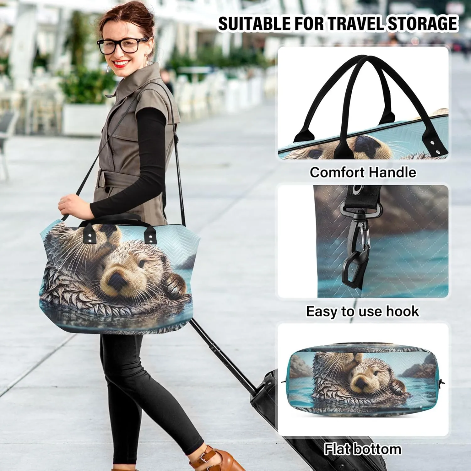 Cute Animal Otters Duffel Bags Travel Cosmetic Pouch Set of 2, Floral Womens Garment Duffel Bag Weekend Bag Duffel