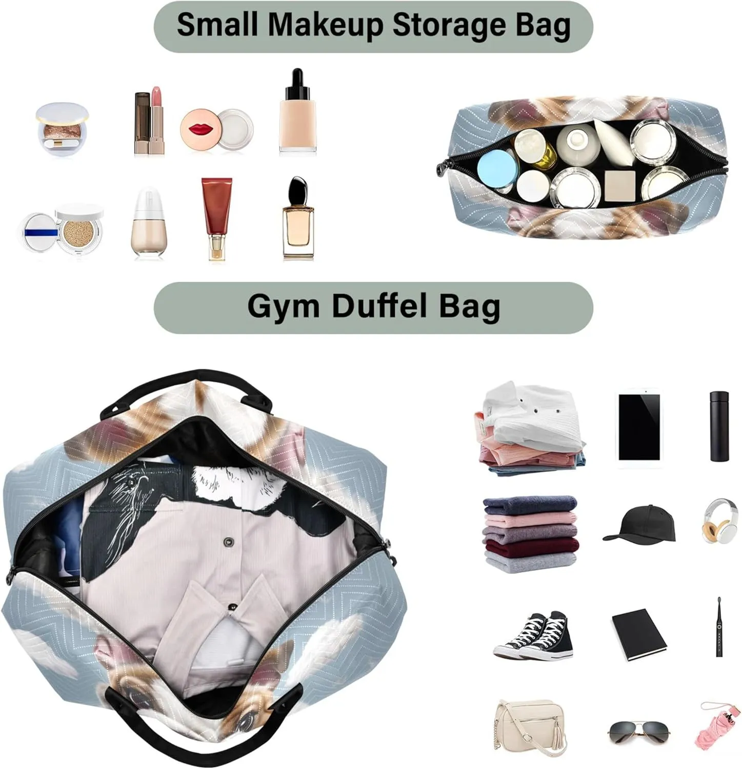 Cute Bulldog Print Duffel Bags Travel Makeup Bag Set of 2, Print Women Luggage Bags Carry on Duffle