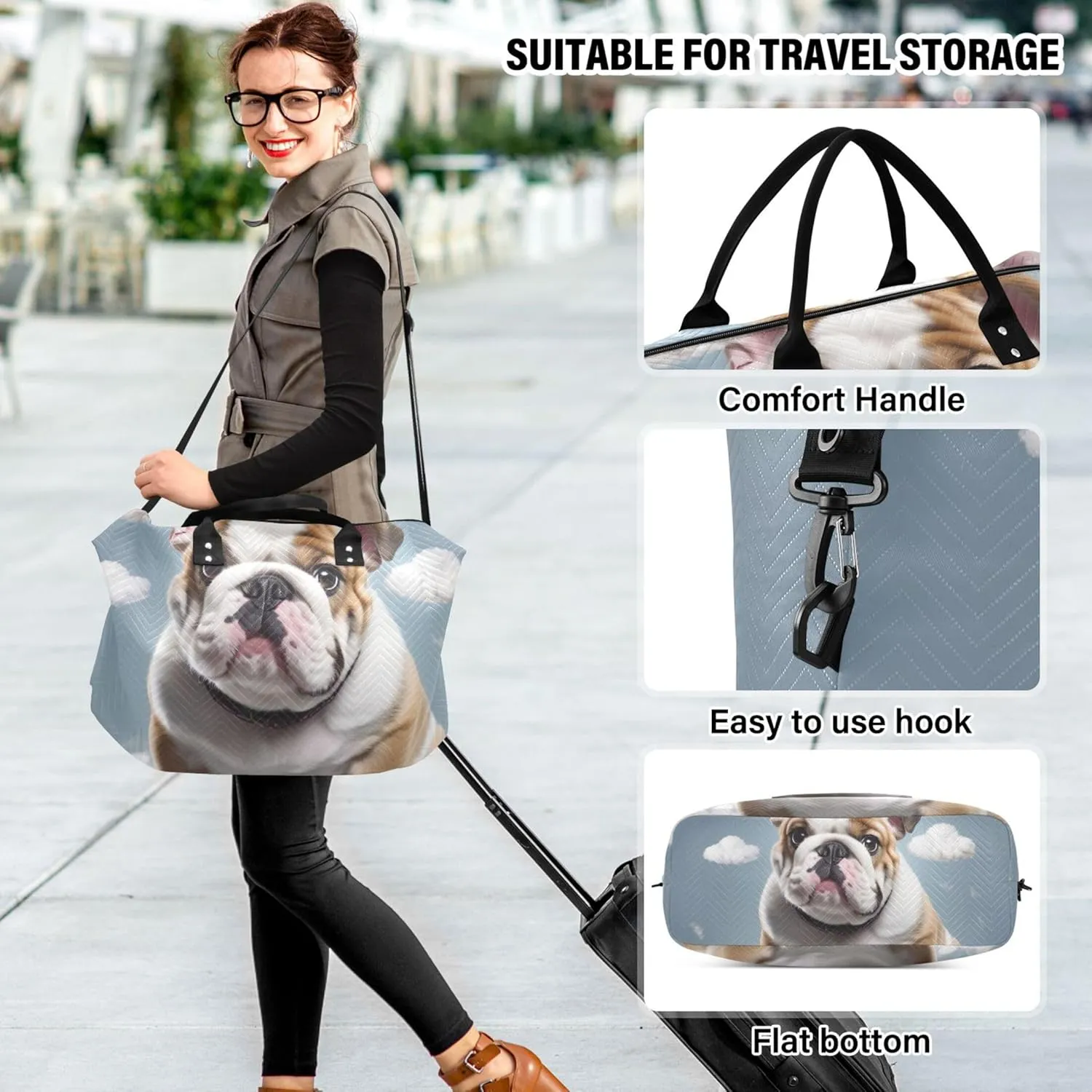 Cute Bulldog Print Duffel Bags Travel Makeup Bag Set of 2, Print Women Luggage Bags Carry on Duffle