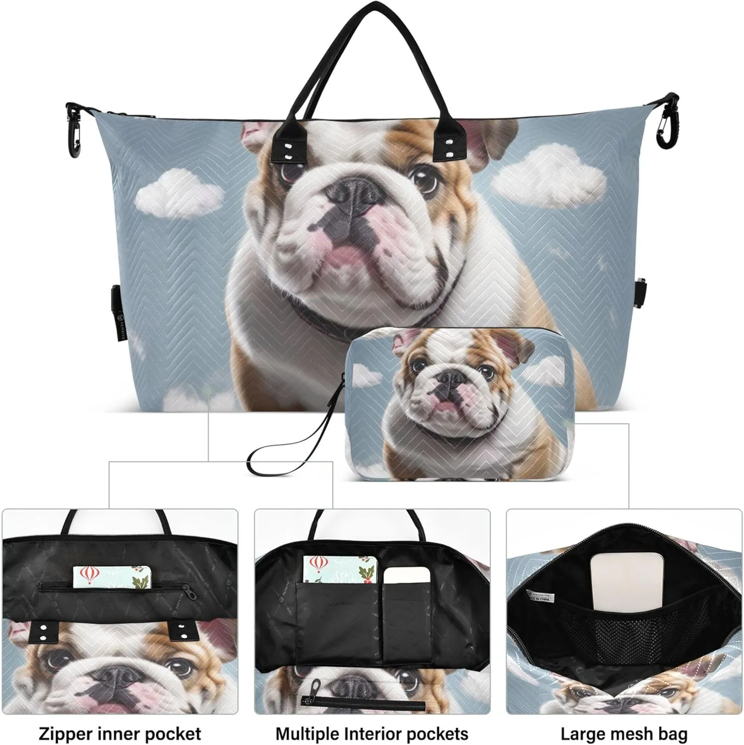 Cute Bulldog Print Duffel Bags Travel Makeup Bag Set of 2, Print Women Luggage Bags Carry on Duffle