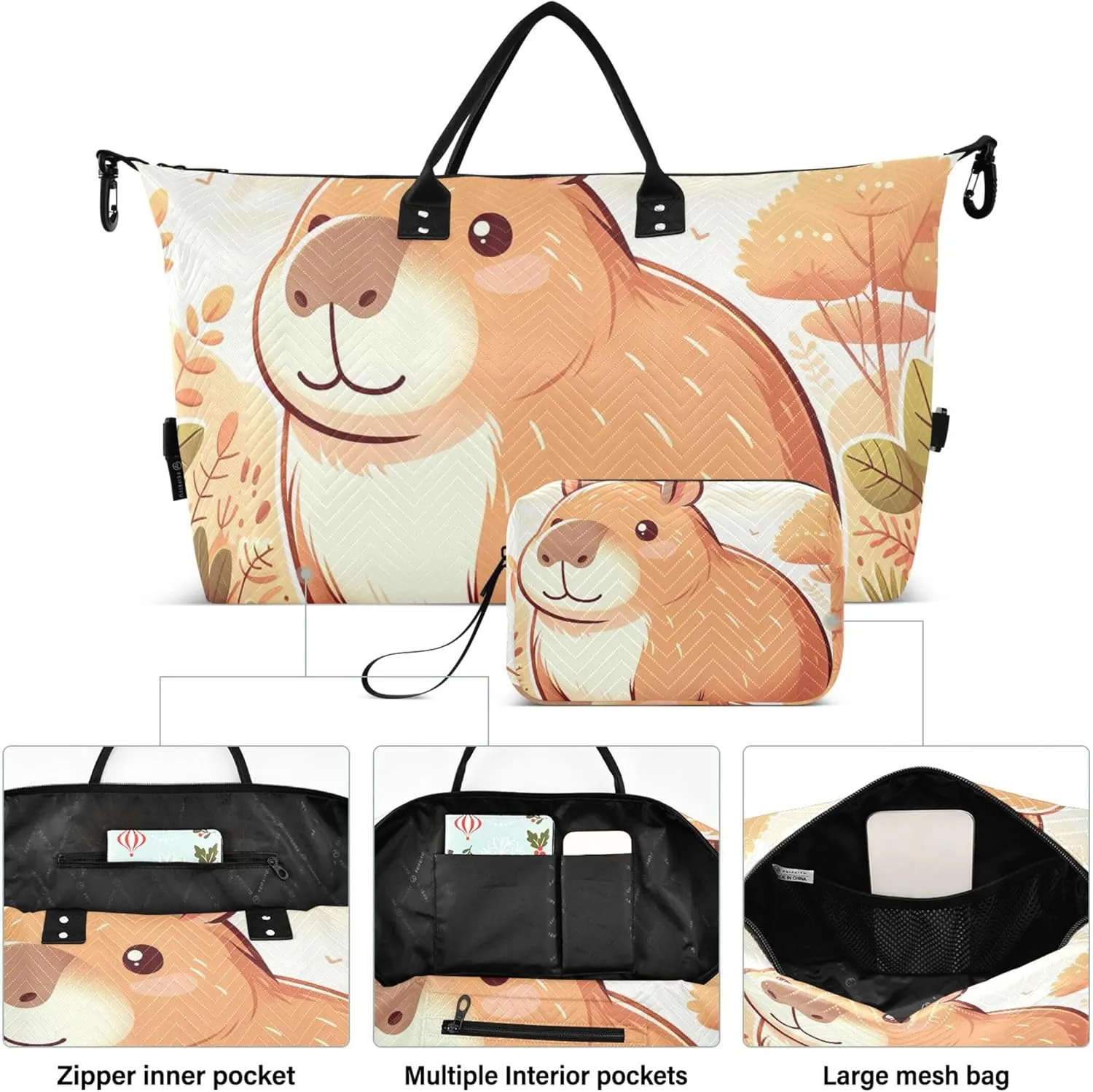 Cute Capybara Cartoon Travel Duffel Bags Toiletry Pouches Set of 2, Animal Print Luggage Bags Traveling Bag