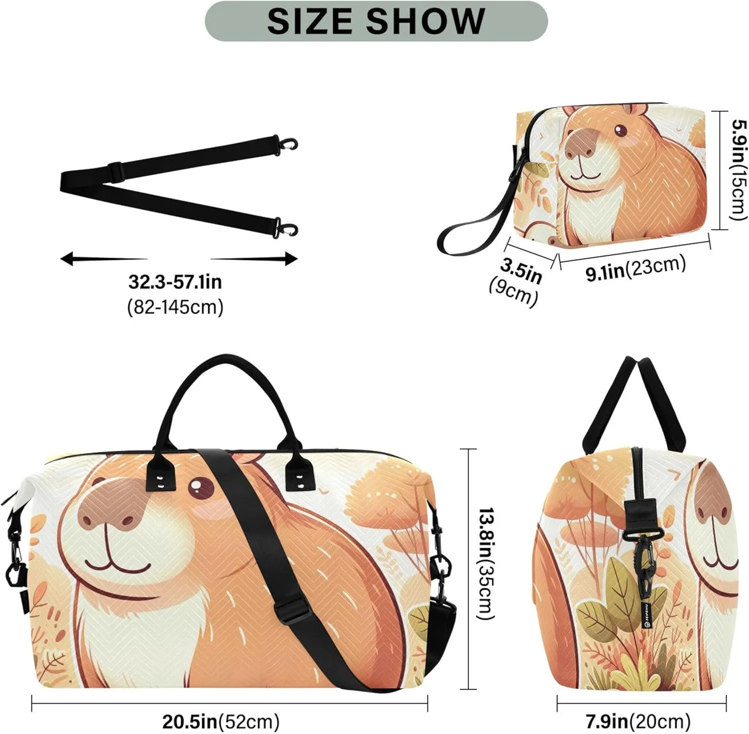 Cute Capybara Cartoon Travel Duffel Bags Toiletry Pouches Set of 2, Animal Print Luggage Bags Traveling Bag