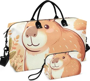 Cute Capybara Cartoon Travel Duffel Bags Toiletry Pouches Set of 2, Animal Print Luggage Bags Traveling Bag