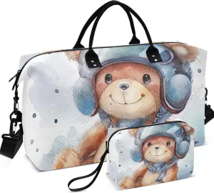 Cute Cartoon Bear Pilot Helmet Travel Duffel Bags Cosmetic Pouch Set of 2, Print Women Sports Bag Overnight Bags