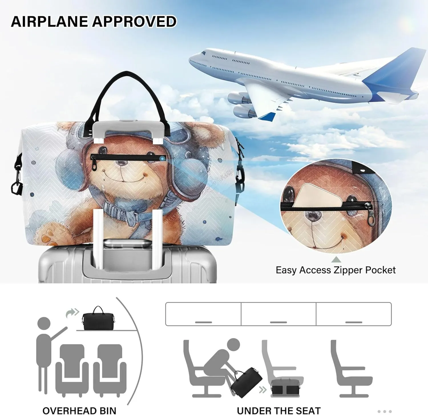 Cute Cartoon Bear Pilot Helmet Travel Duffel Bags Cosmetic Pouch Set of 2, Print Women Sports Bag Overnight Bags