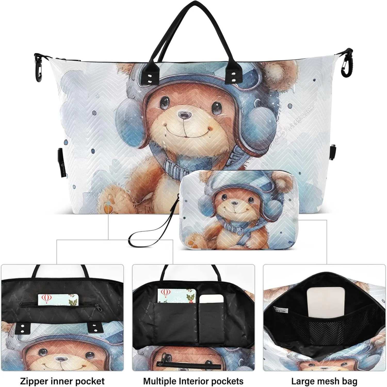 Cute Cartoon Bear Pilot Helmet Travel Duffel Bags Cosmetic Pouch Set of 2, Print Women Sports Bag Overnight Bags