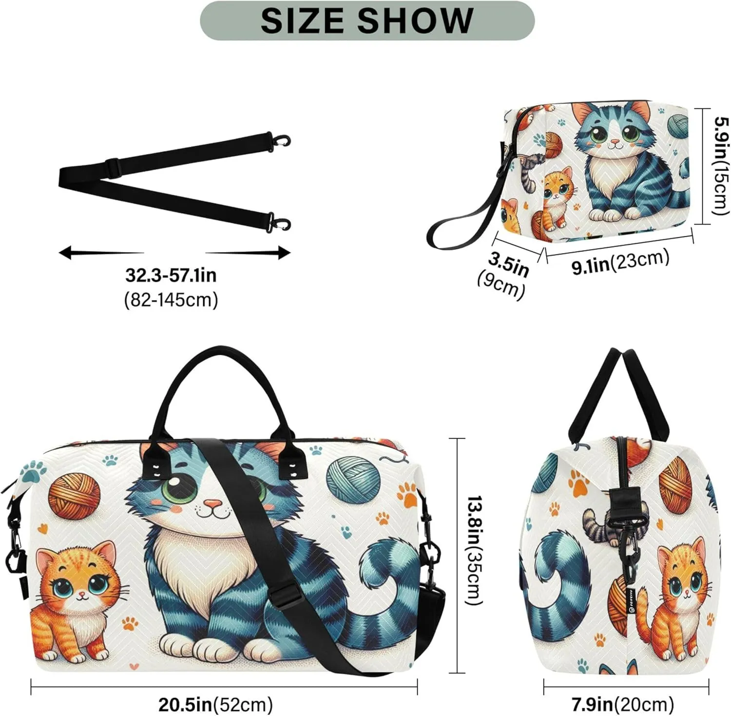Cute Cartoon Cat Duffle Bag for Travel Cosmetic Bag Set of 2, Print Women Gym Tote Duffle Carry on Bag