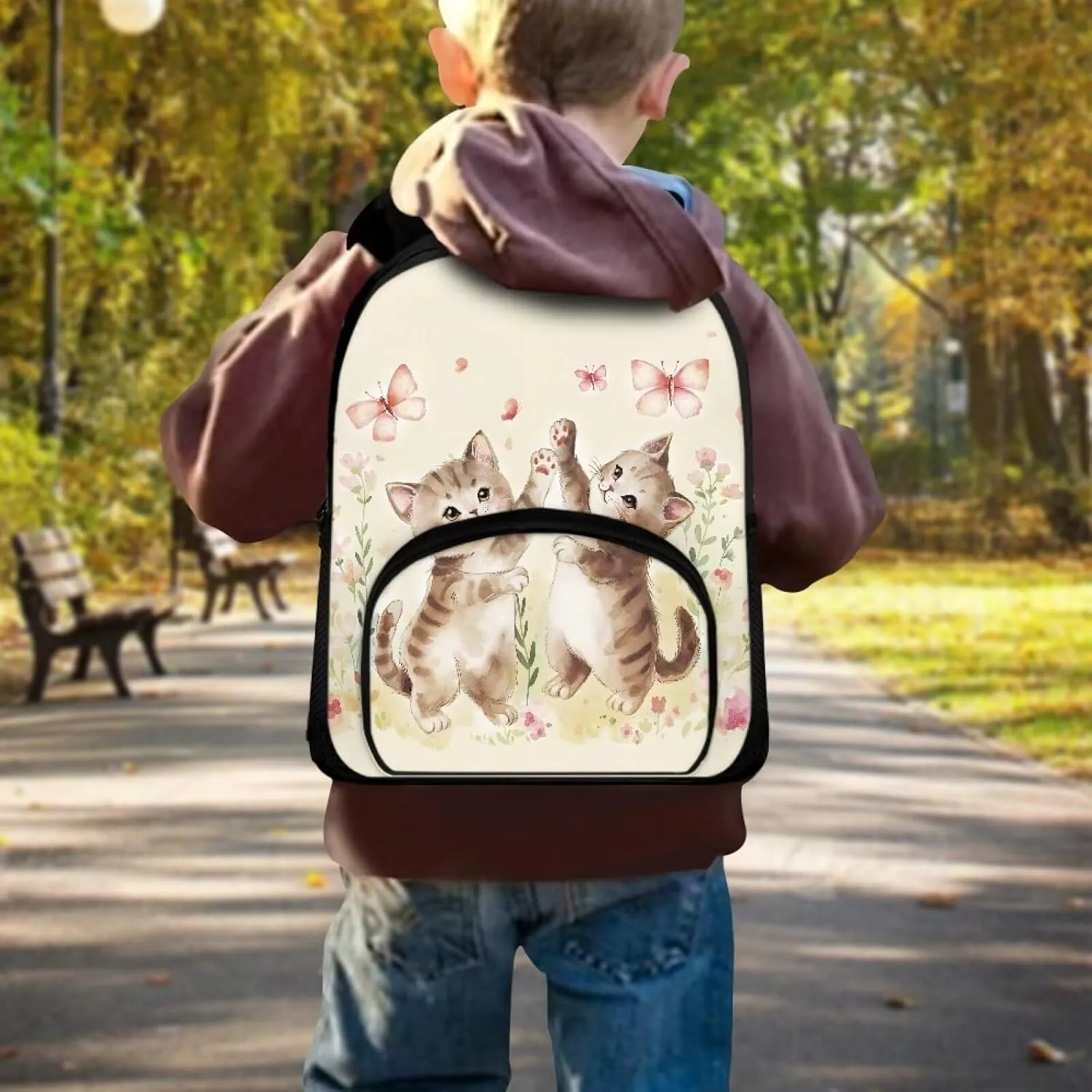 Cute Cat Playing Butterfly Backpack for Girls 12 Inch School Bag with Shoulder Straps Lightweight New Backpack for Teens Preschool Elementary School Students Trendy Travel Daypack Gifts