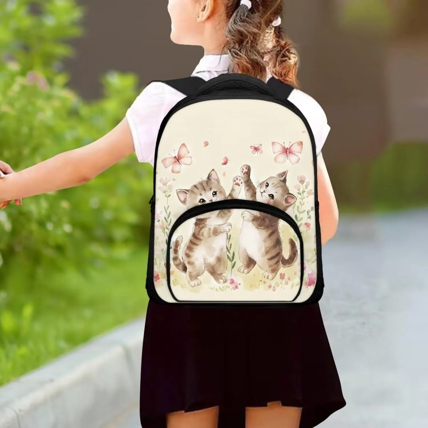 Cute Cat Playing Butterfly Backpack for Girls 12 Inch School Bag with Shoulder Straps Lightweight New Backpack for Teens Preschool Elementary School Students Trendy Travel Daypack Gifts