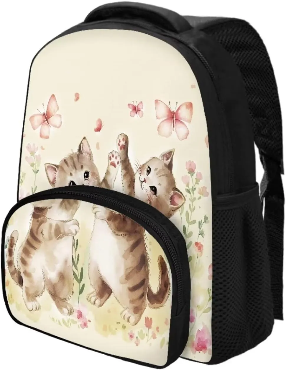 Cute Cat Playing Butterfly Backpack for Girls 12 Inch School Bag with Shoulder Straps Lightweight New Backpack for Teens Preschool Elementary School Students Trendy Travel Daypack Gifts