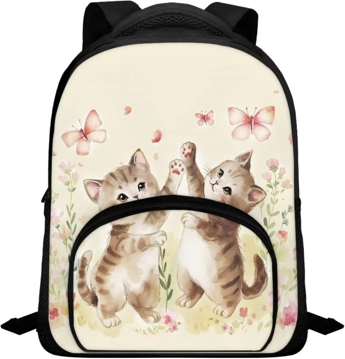 Cute Cat Playing Butterfly Backpack for Girls 12 Inch School Bag with Shoulder Straps Lightweight New Backpack for Teens Preschool Elementary School Students Trendy Travel Daypack Gifts